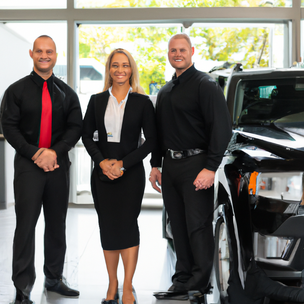 Equipe profissional em concessionária de carros de luxo