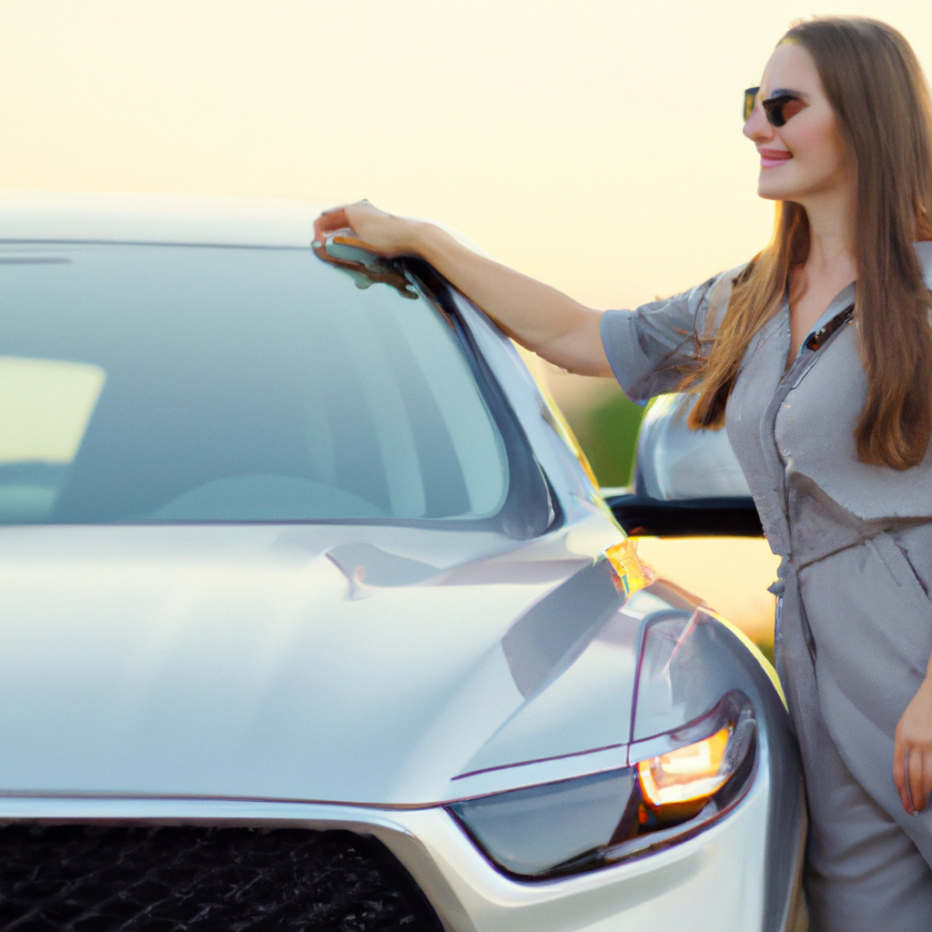 Mulher satisfeita com novo SUV de luxo