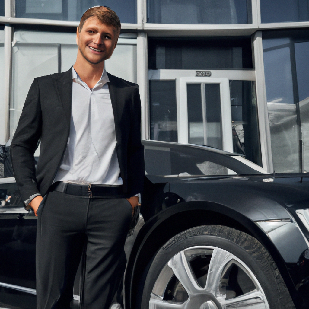 Empresário sorridente com veículo de luxo